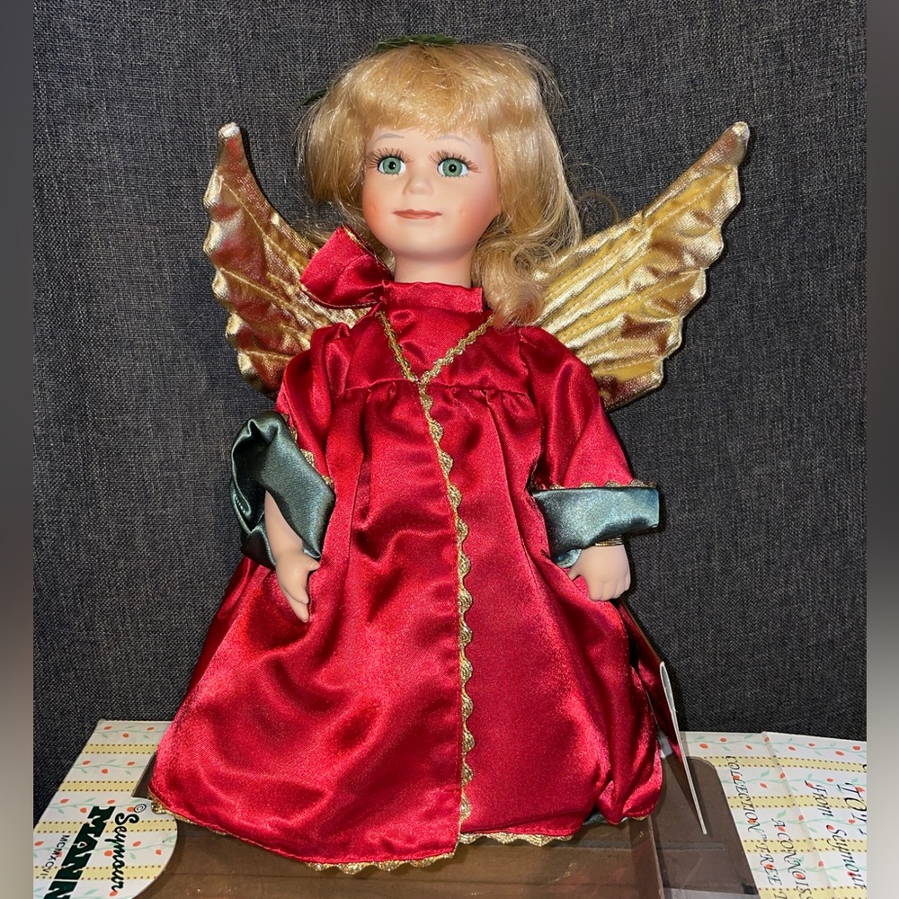 👼Seymour Mann Angel Tree Topper with Red Dress and Gold Wings
